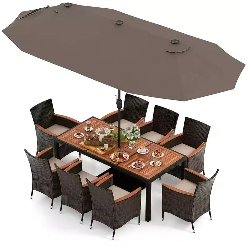 Set da pranzo da giardino Costway 11 pezzi con ombrellone a doppio lato da 4,5 m (base inclusa) beige/caffè/blu scuro/arancione/vino/grigio