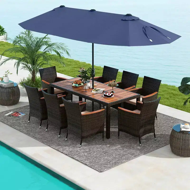 Set da pranzo da giardino Costway 11 pezzi con ombrellone a doppio lato da 4,5 m (base inclusa) beige/caffè/blu scuro/arancione/vino/grigio