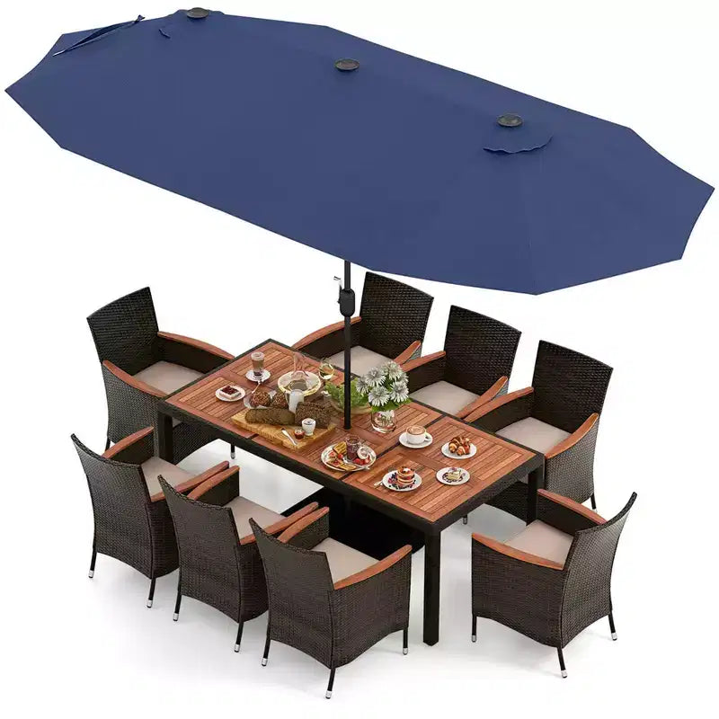 Set da pranzo da giardino Costway 11 pezzi con ombrellone a doppio lato da 4,5 m (base inclusa) beige/caffè/blu scuro/arancione/vino/grigio