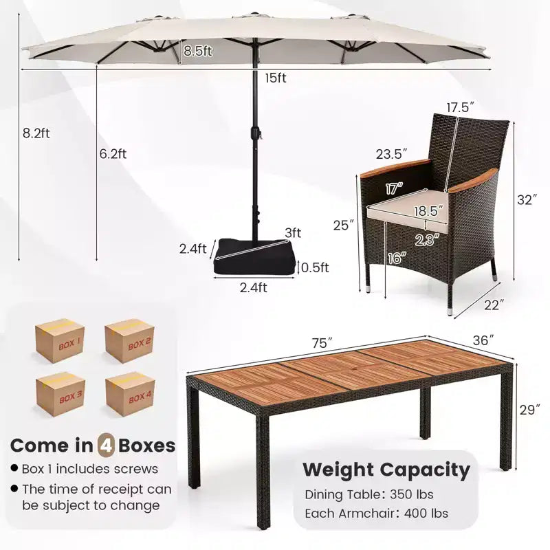Set da pranzo da giardino Costway 11 pezzi con ombrellone a doppio lato da 4,5 m (base inclusa) beige/caffè/blu scuro/arancione/vino/grigio