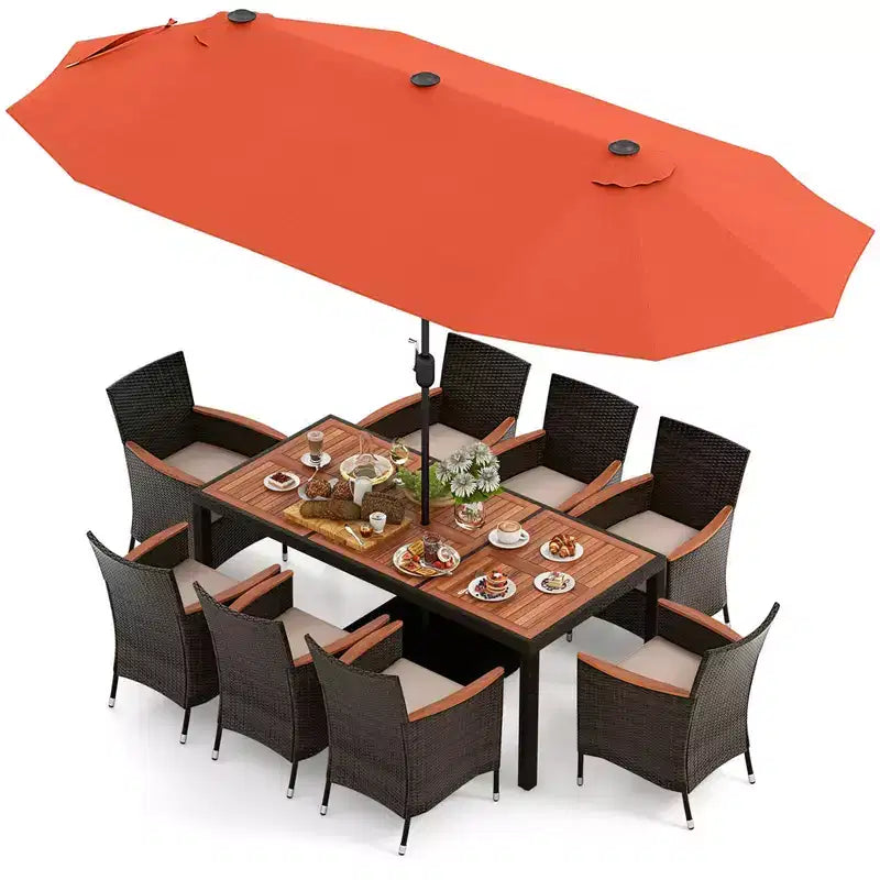 Set da pranzo da giardino Costway 11 pezzi con ombrellone a doppio lato da 4,5 m (base inclusa) beige/caffè/blu scuro/arancione/vino/grigio
