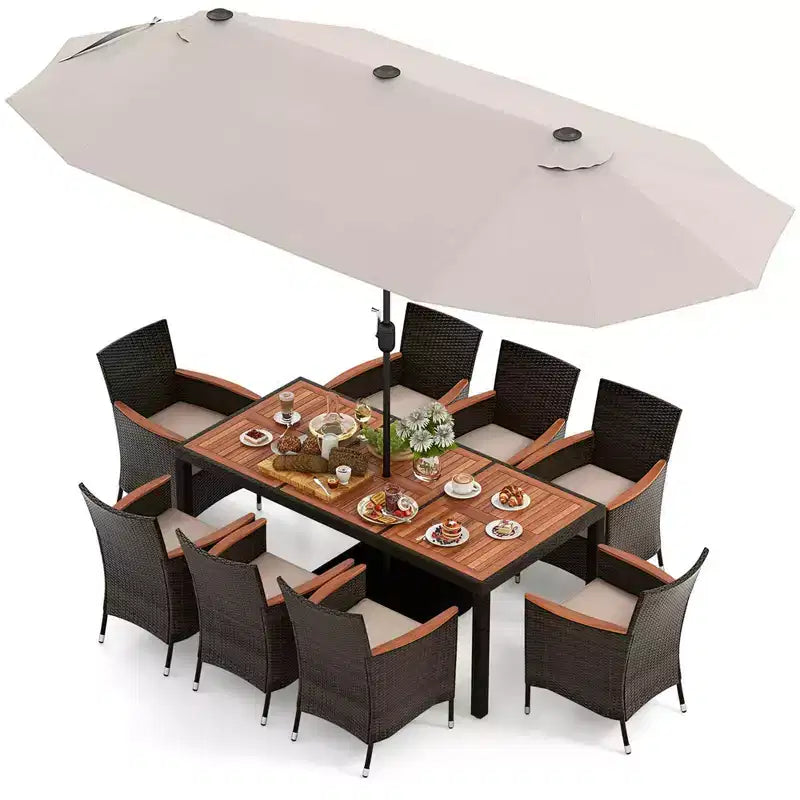 Set da pranzo da giardino Costway 11 pezzi con ombrellone a doppio lato da 4,5 m (base inclusa) beige/caffè/blu scuro/arancione/vino/grigio