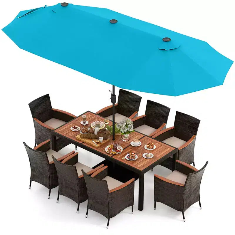 Set da pranzo da giardino Costway 11 pezzi con ombrellone a doppio lato da 4,5 m (base inclusa) beige/caffè/blu scuro/arancione/vino/grigio