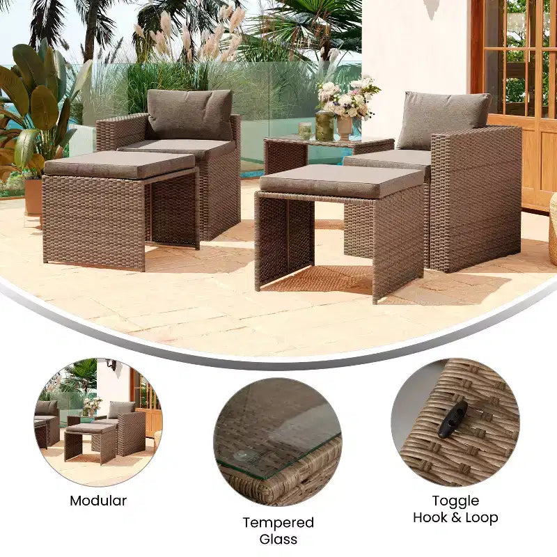 Flash Furniture Nico Ensemble Canapé Modulaire d'Intérieur/Extérieur avec Table et Poufs