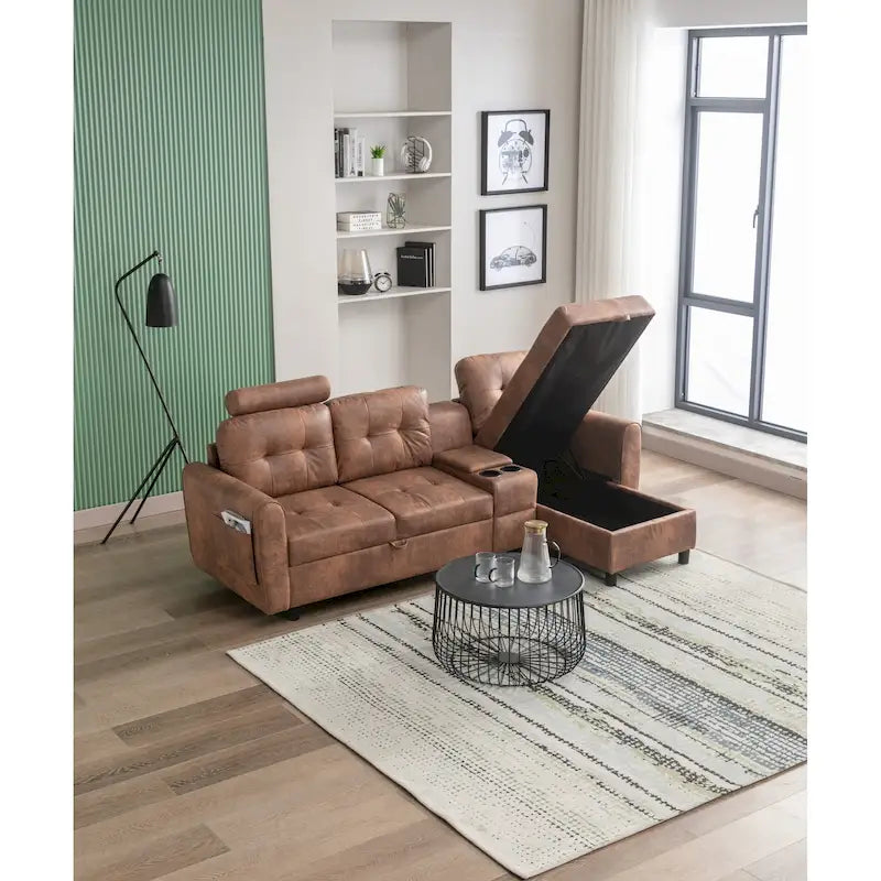 HOMEFUN Canapé Sectionnel Convertible en Velours/PU/Tissu Capitonnage en Forme de L avec Rangement