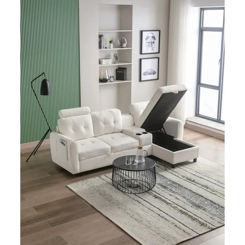 HOMEFUN Canapé Sectionnel Convertible en Velours/PU/Tissu Capitonnage en Forme de L avec Rangement