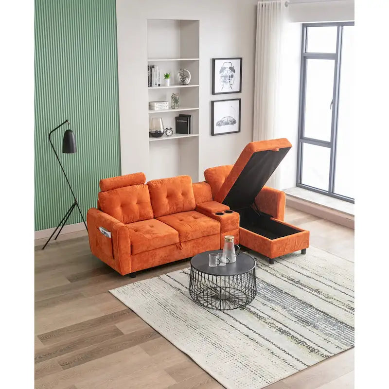 HOMEFUN Canapé Sectionnel Convertible en Velours/PU/Tissu Capitonnage en Forme de L avec Rangement