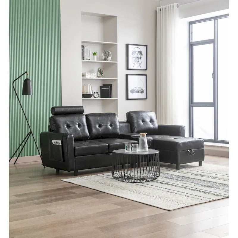 HOMEFUN Canapé Sectionnel Convertible en Velours/PU/Tissu Capitonnage en Forme de L avec Rangement