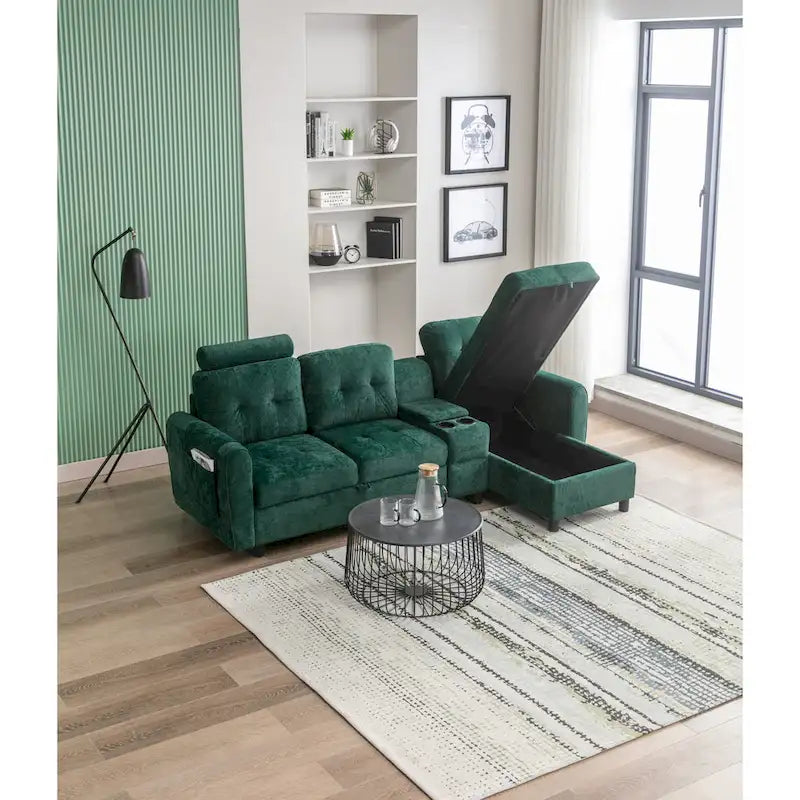 HOMEFUN Canapé Sectionnel Convertible en Velours/PU/Tissu Capitonnage en Forme de L avec Rangement