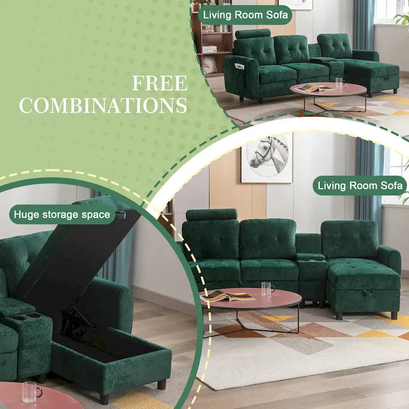 HOMEFUN Canapé Sectionnel Convertible en Velours/PU/Tissu Capitonnage en Forme de L avec Rangement