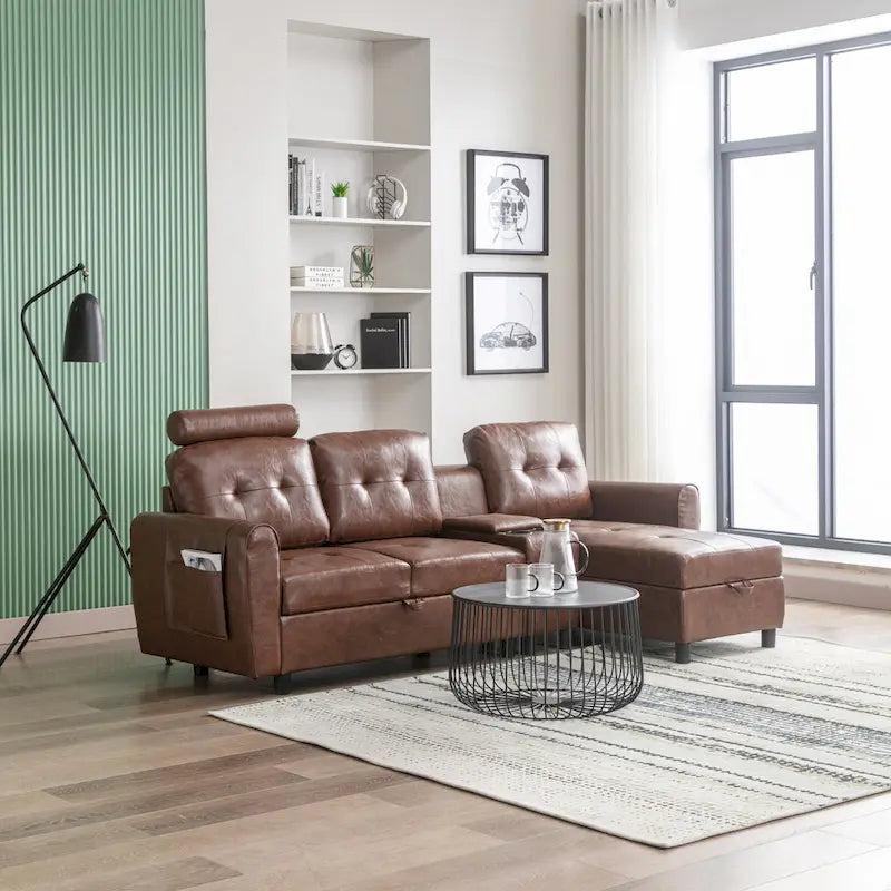 HOMEFUN Canapé Sectionnel Convertible en Velours/PU/Tissu Capitonnage en Forme de L avec Rangement