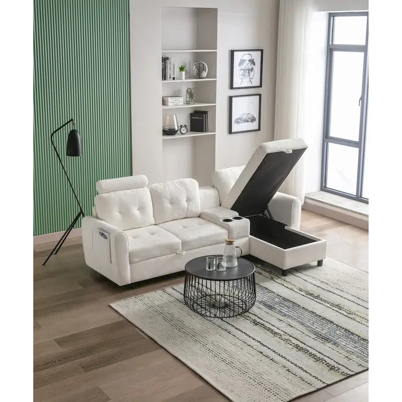 HOMEFUN Canapé Sectionnel Convertible en Velours/PU/Tissu Capitonnage en Forme de L avec Rangement