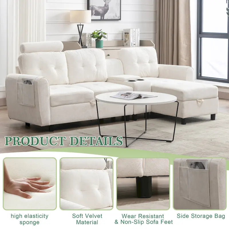 HOMEFUN Canapé Sectionnel Convertible en Velours/PU/Tissu Capitonnage en Forme de L avec Rangement