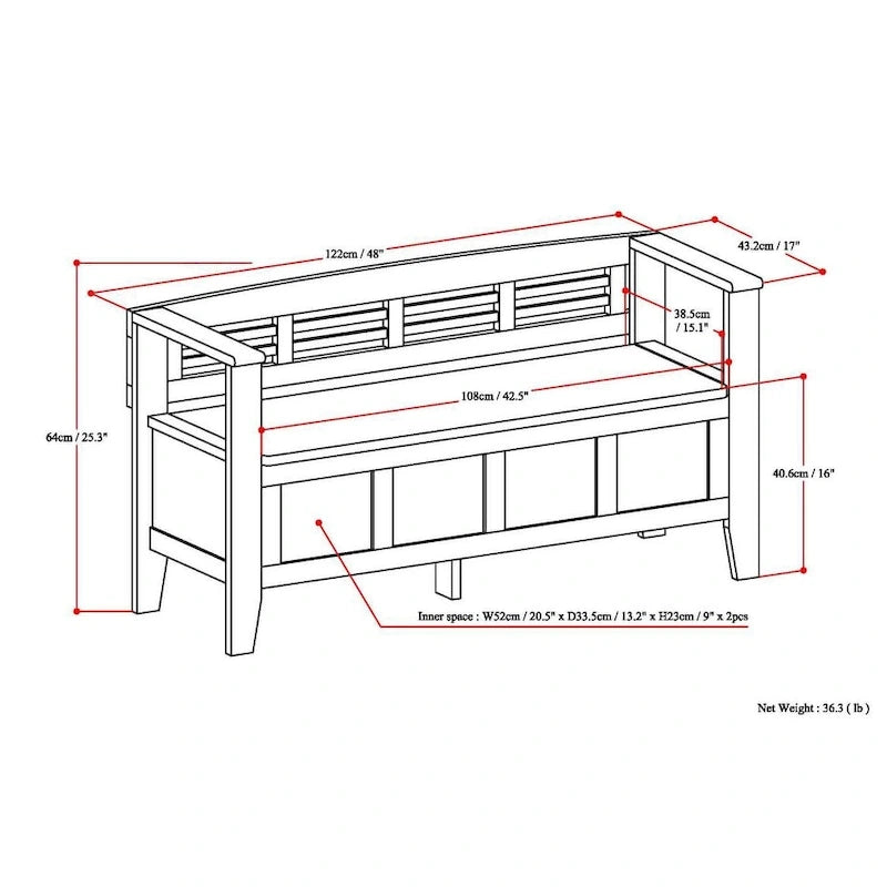 WYNDENHALL Chandler Banc de rangement d'entrée contemporain en bois massif de 48 pouces de large - 48 x 17 x 25,2