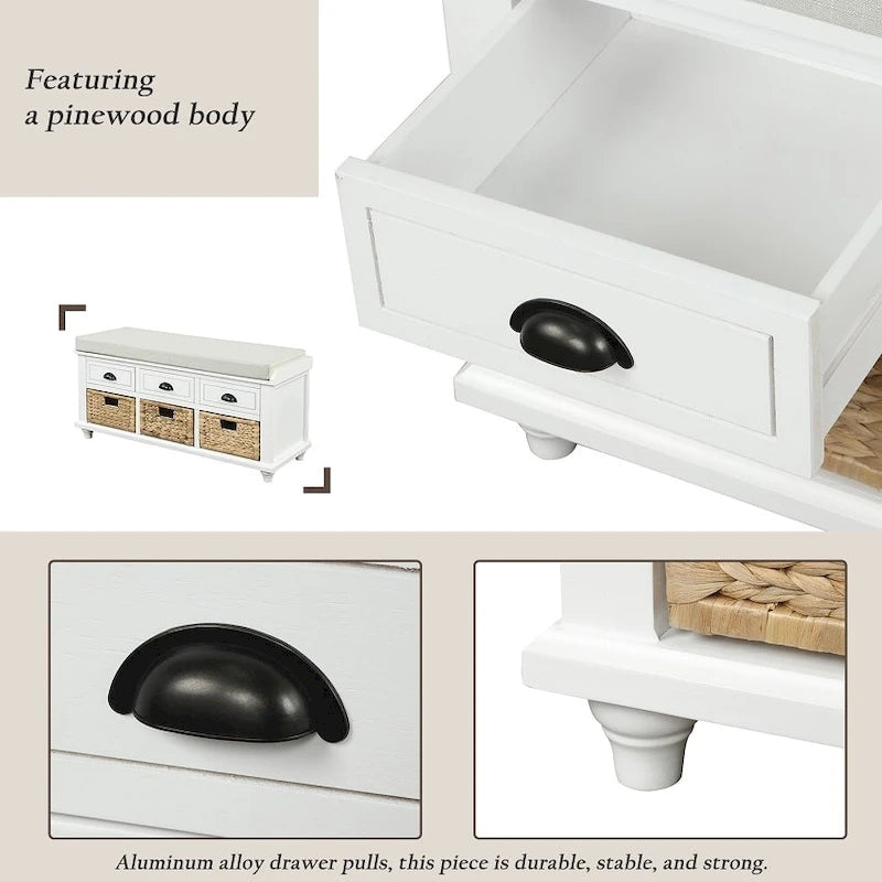 Banc de rangement rustique avec 3 tiroirs et 3 paniers en rotin, banc à chaussures pour salon, entrée