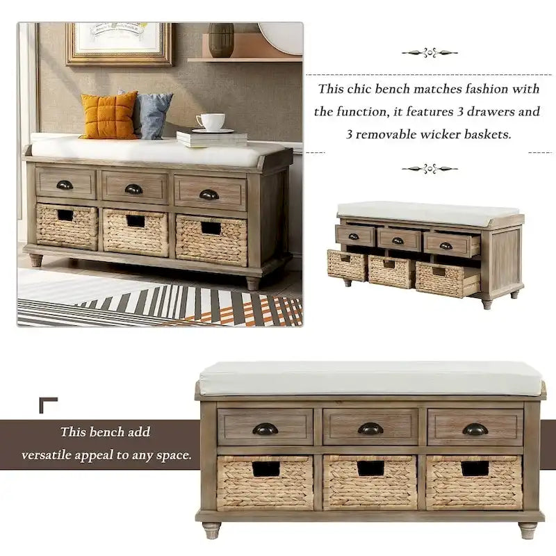 Banc de rangement rustique avec 3 tiroirs et 3 paniers en rotin, banc à chaussures pour salon, entrée