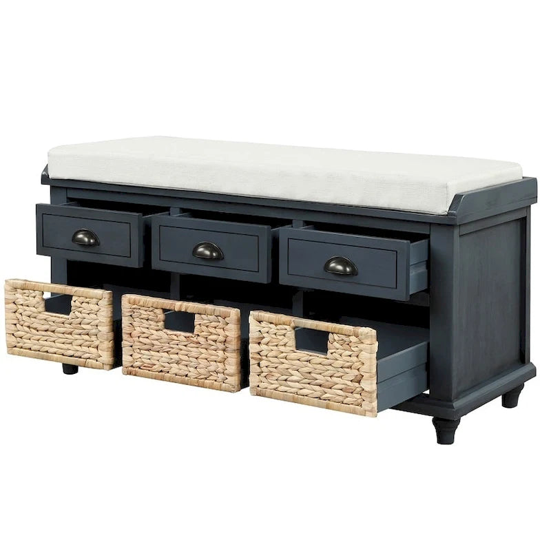Banc de rangement rustique avec 3 tiroirs et 3 paniers en rotin, banc à chaussures pour salon, entrée