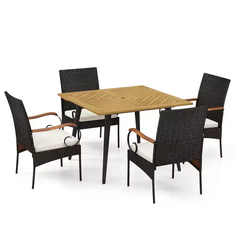 Costway 5 PCS Patio PE Wicker Dining Set Table and Chairs with Cushions 1.9 Umbrella Hole