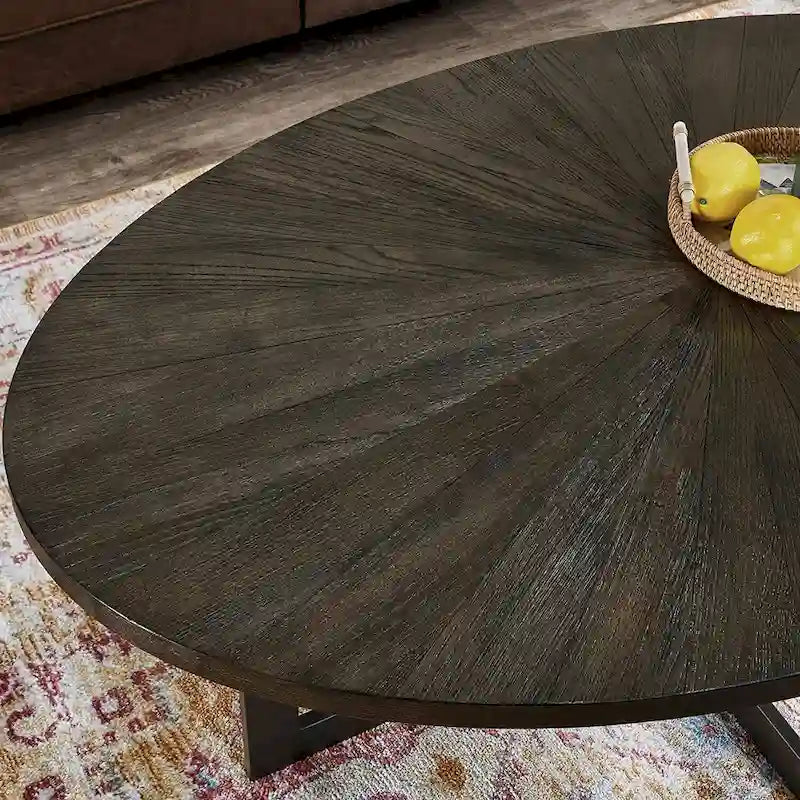 Tavolino da caffè ovale contemporaneo in legno massello con gambe incrociate in metallo