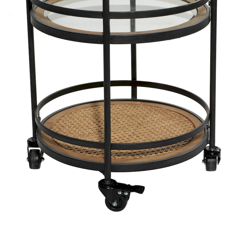 Carrello da Bar in Metallo con 1 Ripiano in Rattan e 2 Ripiani in Vetro, Maniglie, Marrone - Roche River Decor - 16Lx21Px35A