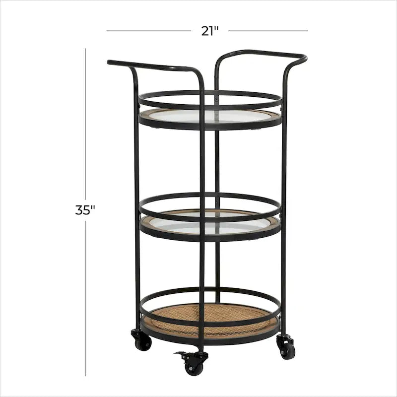 Carrello da Bar in Metallo con 1 Ripiano in Rattan e 2 Ripiani in Vetro, Maniglie, Marrone - Roche River Decor - 16Lx21Px35A