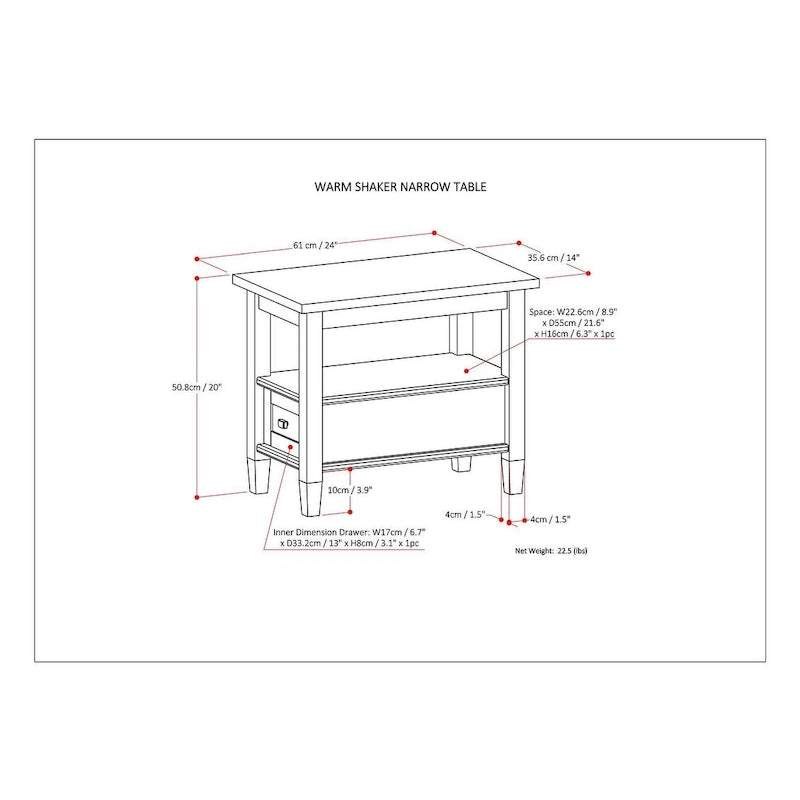 WYNDENHALL Norfolk TAVOLINO LATERALE STRETTO RETTANGOLARE TRADIZIONALE IN LEGNO MASSELLO, LARGHEZZA 14 POLLICI - 14 pollici di larghezza