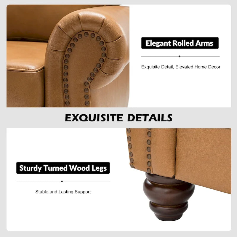 Divano Balvino da 81" largo, transizionale, in vera pelle, con braccioli arrotolati, finiture con borchie e cuscini rimovibili