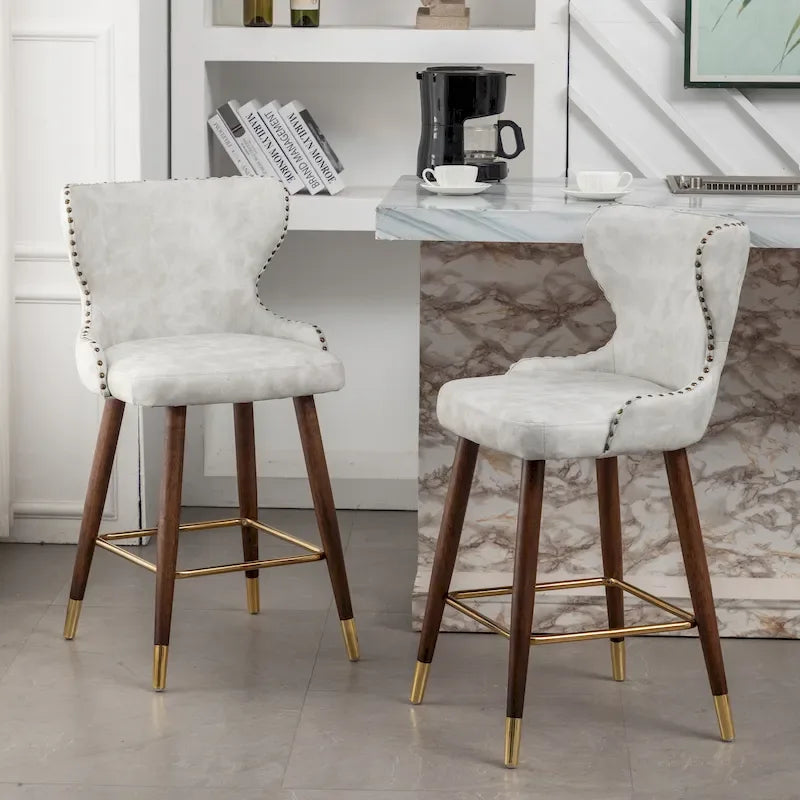 Tabourets de comptoir Roundhill Furniture Nevis style Mid-century moderne en similicuir, avec capitonnage et garniture de clous décoratifs, ensemble de 2