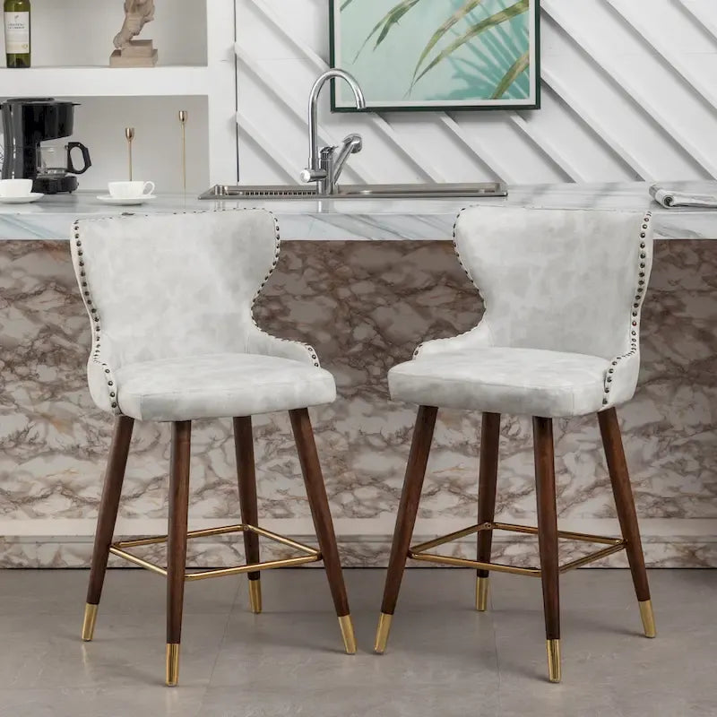 Sgabelli da Bancone Roundhill Furniture Nevis in Similpelle Trapuntata Stile Moderno Mid-century con Borchie, Set da 2