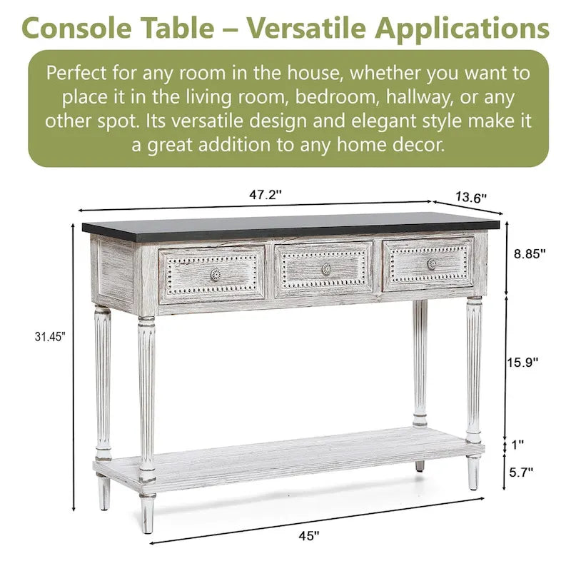 Console de ferme en bois et métal vieilli à 3 tiroirs