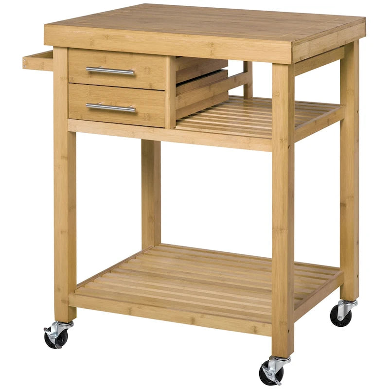 HOMCOM Bamboo Rolling Kitchen Island Trolley Utility Cart with Rolling Wheels, 2 Storage Drawers & Adjustable Shelving