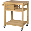 HOMCOM Bamboo Rolling Kitchen Island Trolley Utility Cart with Rolling Wheels, 2 Storage Drawers & Adjustable Shelving