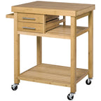 HOMCOM Bamboo Rolling Kitchen Island Trolley Utility Cart with Rolling Wheels, 2 Storage Drawers & Adjustable Shelving