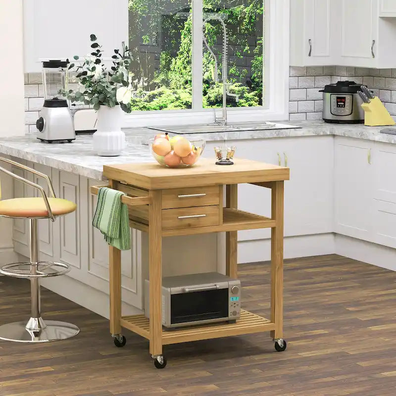HOMCOM Carrello Cucina in Bambù con Ruote, 2 Cassetti e Ripiani Regolabili