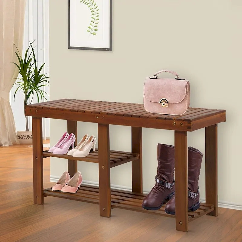 Banc d'entrée rustique en bois d'acacia à 3 niveaux avec rangement pour chaussures HomCom