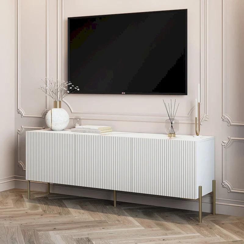 Living Skog Selline, Consolle/Mobile TV Beige, per TV fino a 65 pollici, con gambe in metallo, design Art Déco