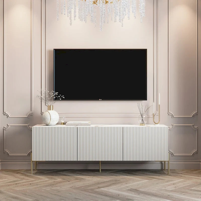 Living Skog Selline, Consolle/Mobile TV Beige, per TV fino a 65 pollici, con gambe in metallo, design Art Déco