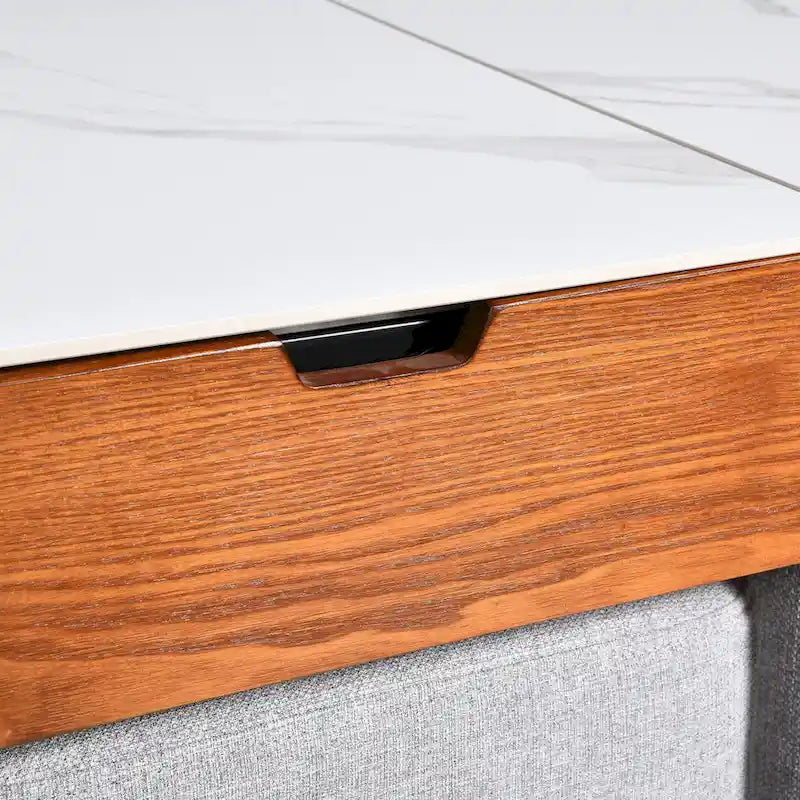 Tavolino da caffè con piano sollevabile, vano portaoggetti nascosto e 4 pouf