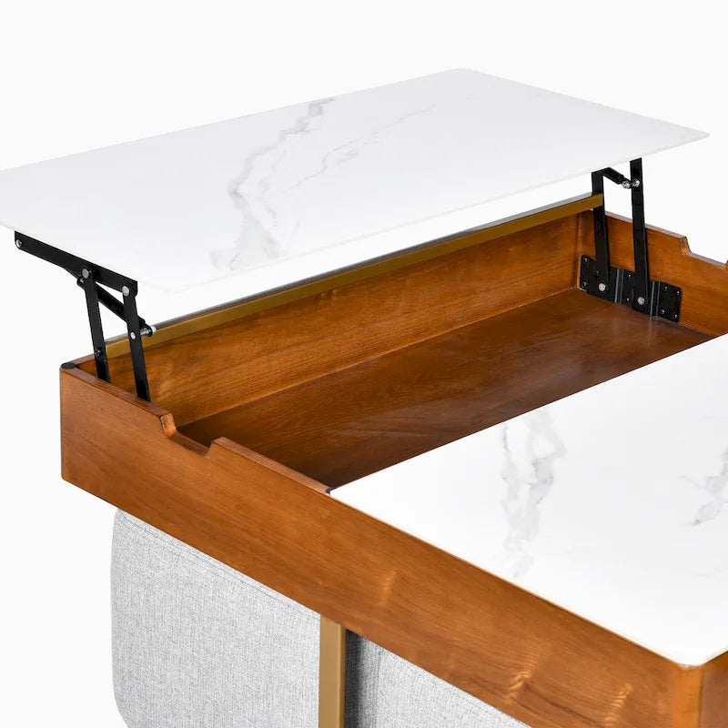 Tavolino da caffè con piano sollevabile, vano portaoggetti nascosto e 4 pouf