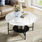 Tables basses modernes rondes à 2 niveaux avec plateau en pierre frittée - 80 cm L x 47,5 cm H