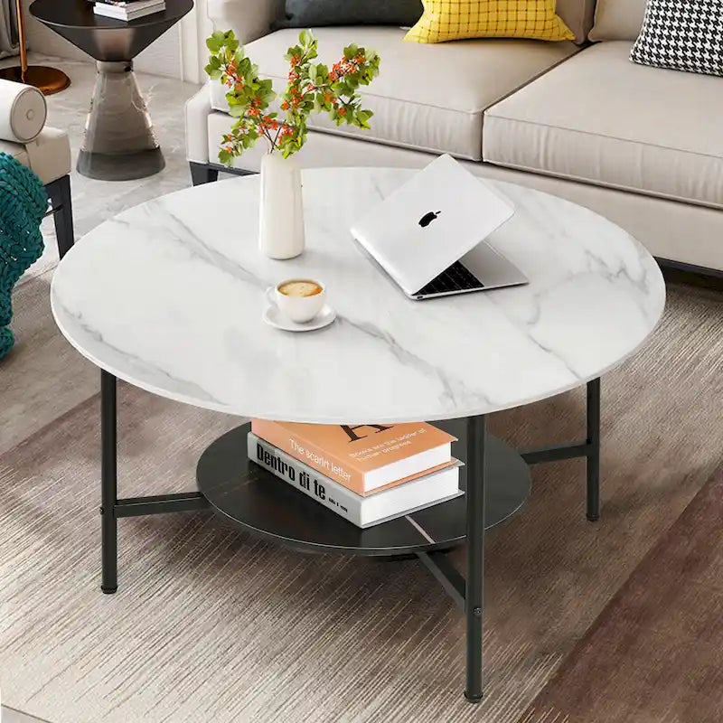 Tables basses modernes rondes à 2 niveaux avec plateau en pierre frittée - 80 cm L x 47,5 cm H