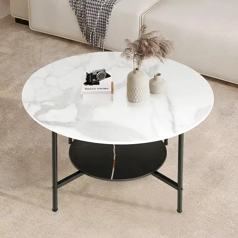 Tables basses modernes rondes à 2 niveaux avec plateau en pierre frittée - 80 cm L x 47,5 cm H