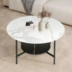 Tables basses modernes rondes à 2 niveaux avec plateau en pierre frittée - 80 cm L x 47,5 cm H