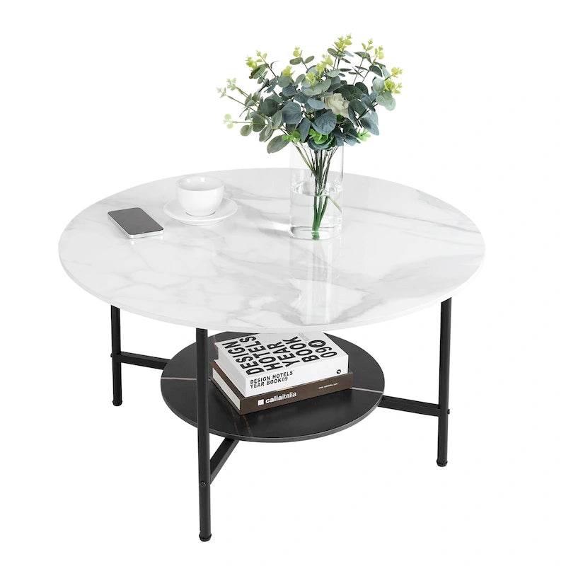 Tables basses modernes rondes à 2 niveaux avec plateau en pierre frittée - 80 cm L x 47,5 cm H