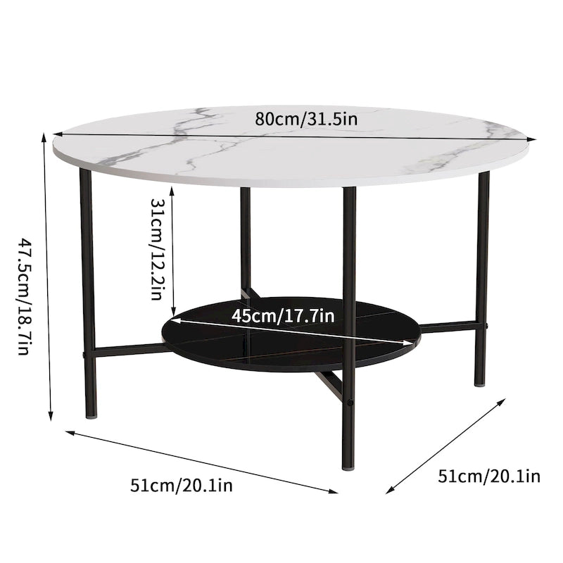 Tables basses modernes rondes à 2 niveaux avec plateau en pierre frittée - 80 cm L x 47,5 cm H