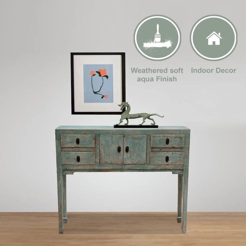 Consolle Artissance con 4 cassetti, 99 cm, color acquamarina anticato