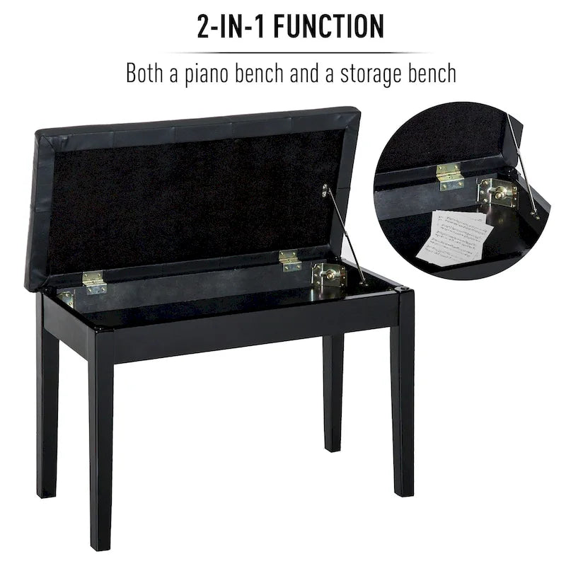 HOMCOM Panca Pianoforte Tradizionale in Betulla Stile Country con Imbottitura in Similpelle per 2 Persone - Nera