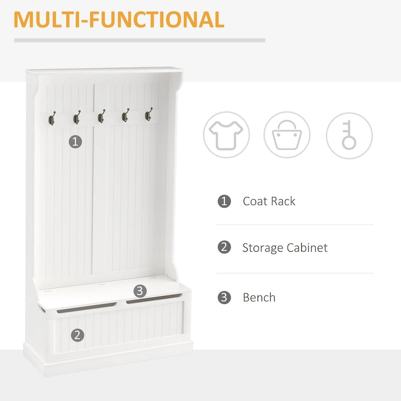 HOMCOM Banc de Rangement et Porte-Manteau d'Entrée 3-en-1, 71 po, avec 5 Crochets Doubles en Acier et Ancrage Anti-Basculement