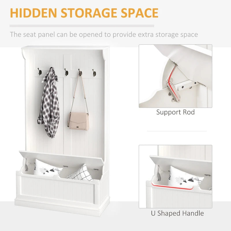 HOMCOM Banc de Rangement et Porte-Manteau d'Entrée 3-en-1, 71 po, avec 5 Crochets Doubles en Acier et Ancrage Anti-Basculement