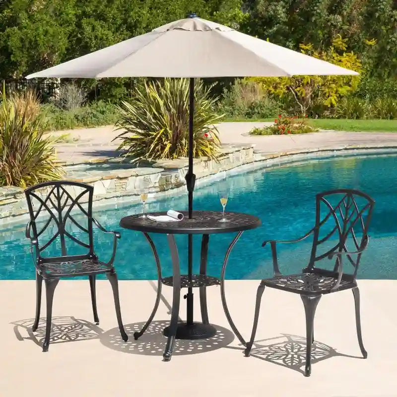 Set da 2 sedie da patio per esterni, in fusione di alluminio, nere con bordo verniciato color oro